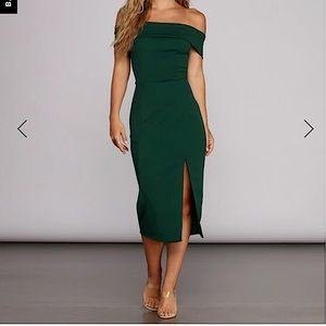Green, off shoulder cocktail dress